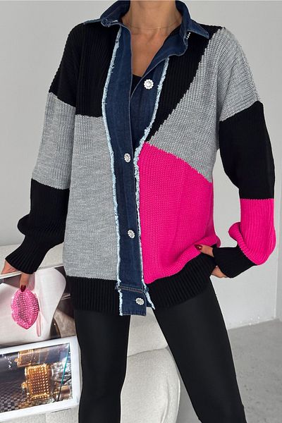 FEMELLE Women's Standard Size Color Block Stone Button and Denim Detailed Design Knitwear Cardigan