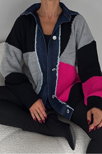 FEMELLE Women's Standard Size Color Block Stone Button and Denim Detailed Design Knitwear Cardigan