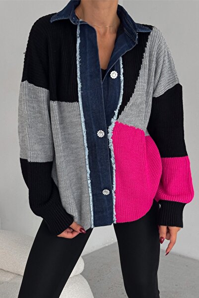 FEMELLE Women's Standard Size Color Block Stone Button and Denim Detailed Design Knitwear Cardigan