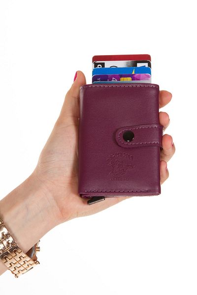 Linatigers Purple Soft Textured Automatic Mechanism Card Holder Wallet with Clasp