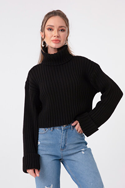 Lafaba Dámský černý svetr s širokým žebrovaným rolákem