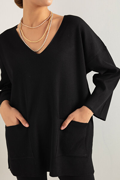 Lafaba Women's Black V-Neck Pocket Knitwear Sweater