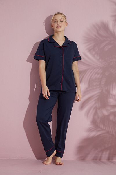 pijamacity Women's Navy Blue Short Sleeve Cotton Buttoned Piping Pajama Set