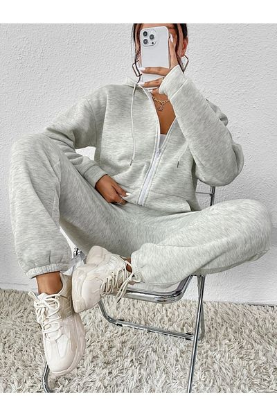 Josette Basic Plain Winter Cardigan Sweatpants Bottom Top Set - Gray Zippered Oversize Hoodie