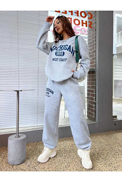Josette Michigan 1898 Kışlık Eşofman Takımı Sweatshirt Eşofman Altı - Gri Baskılı Oversize Bisiklet Yaka