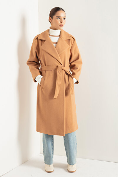 Lafaba Women's Tan Oversize Belted Long Cashmere Coat