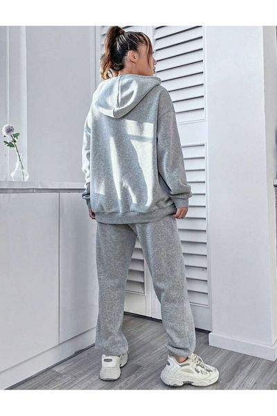Josette California Pattern Winter Bottom Top Set Sweatshirt Tracksuit Bottoms - Gray Printed Oversize Hoodie