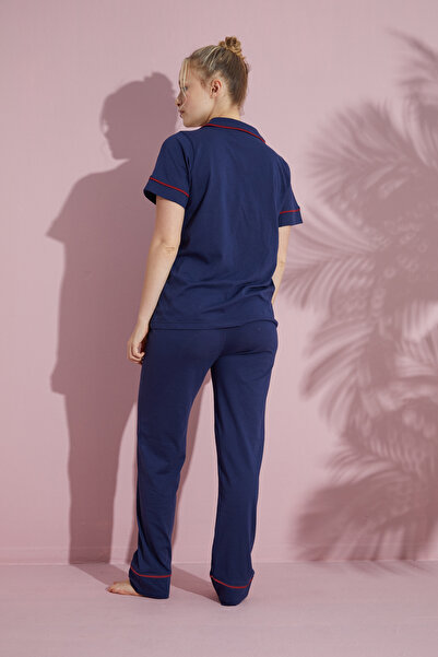 pijamacity Kadın İndigo Kısa Kollu Pamuklu Düğmeli Biyeli Pijama Takımı