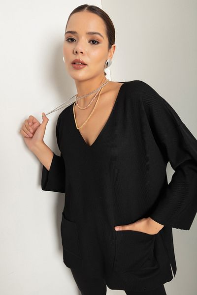 Lafaba Women's Black V-Neck Pocket Knitwear Sweater
