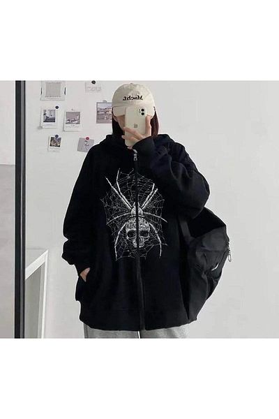Josette Ζακέτα Skull Spider - Μαύρη στάμπα Winter Oversize Ζακέτα με κουκούλα με φερμουάρ και λεπτομέρεια