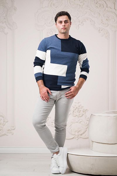 Dorss Мъжки спортен пуловер Slimfit Zero Design с шарена яка от памук
