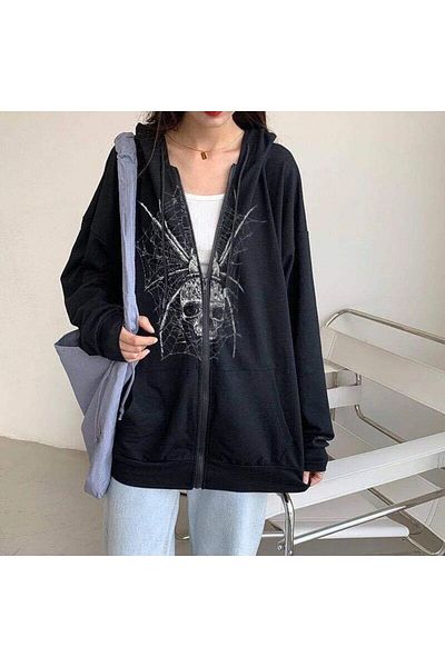 Josette Ζακέτα Skull Spider - Μαύρη στάμπα Winter Oversize Ζακέτα με κουκούλα με φερμουάρ και λεπτομέρεια