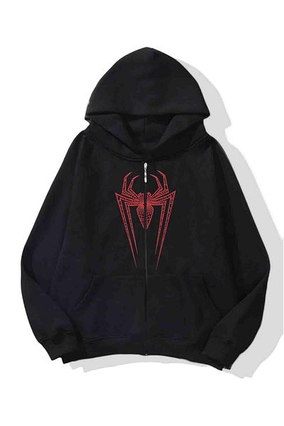 Josette Ζακέτα Red Spider - Μαύρη στάμπα Winter Oversize με κουκούλα με φερμουάρ και λεπτομέρεια ζακέτα