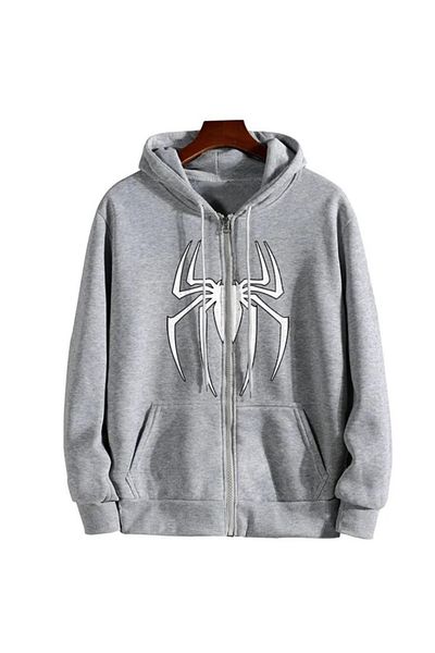 Josette Ζακέτα με μοτίβο Spider - Γκρι εμπριμέ χειμωνιάτικη κουκούλα με φερμουάρ και λεπτομέρεια ζακέτα