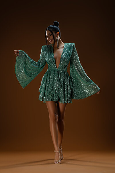 Gira official Yeşil Payetli Geniş Kol Detaylı Elbise