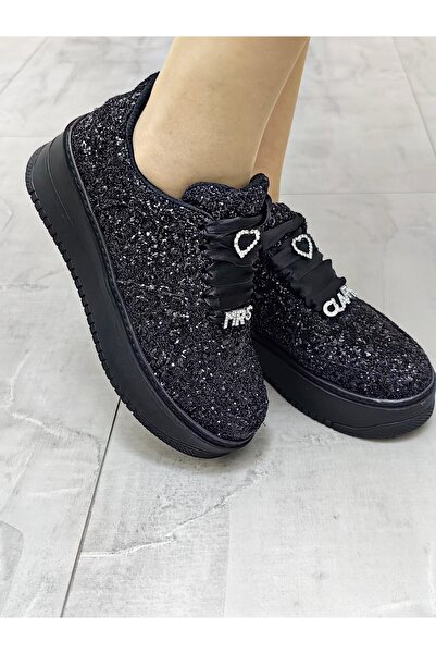 Ayakkabı Tutkusu Stilo ® Siyah Spor Ayakkabı Parıltılı Şık Tasarım Rahat Sneaker Işıltılı Siyah Ayakkabı