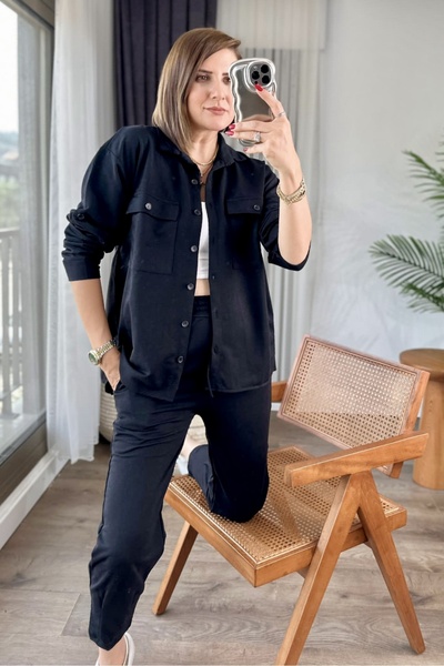 bb butik basic بدلة مزدوجة بحاشية وأكمام قابلة للطي