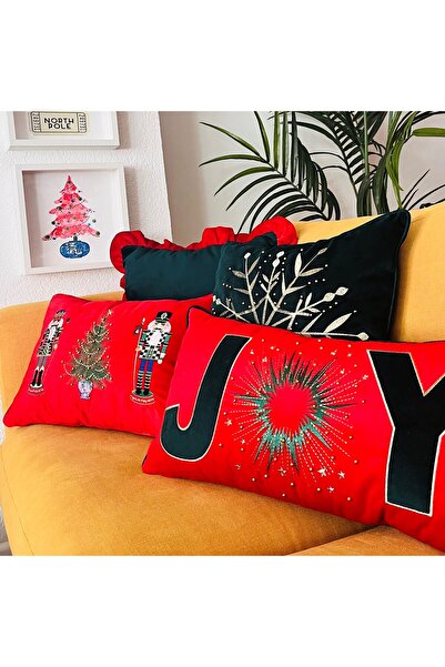 ge living Joy Patterned New Year Special Series Red Velvet Throw Pillow Cover