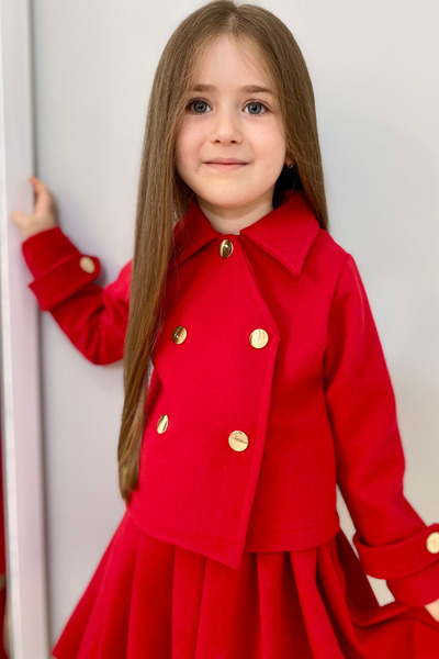 ELAFOR Girl's Red Pleated Skirt and Jacket Suede Set