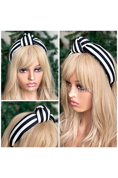 QUEEN AKSESUAR Coroană de lux importată, la modă, cu burete bombat, cu dungi alb-negru, cu nod lat, coroană pentru copii pentru femei