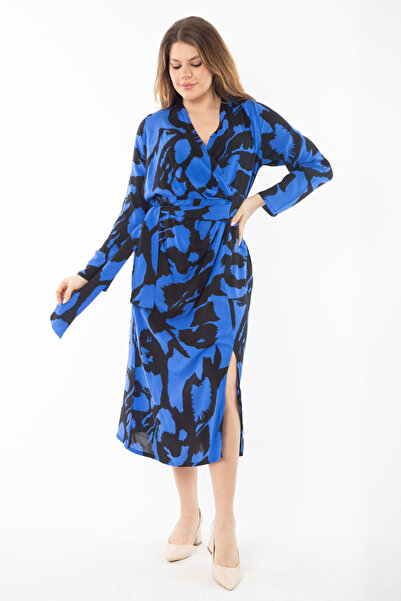 Şans Női nagy méretű Saks szőtt viszkóz szövetből betakarható gallérral elöl hasított ruha 65N37341