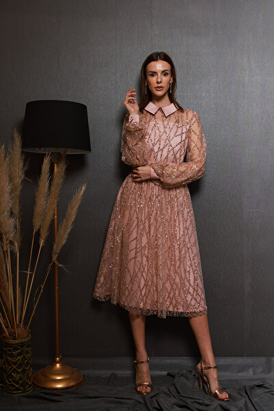 aylin yılmaz Venice Pudra Pembe Taşlı Elegance Midi Boy Kokteyl Davet Mezuniyet Elbisesi