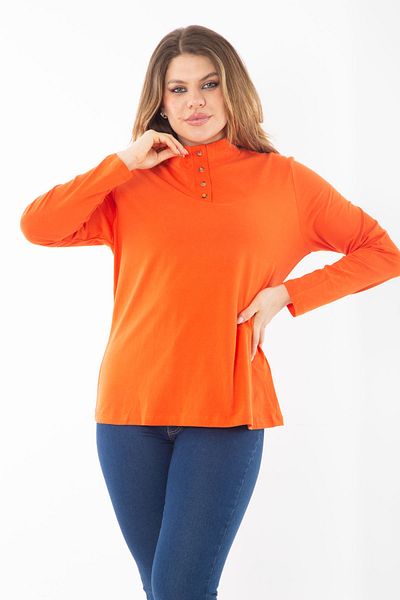 Şans Women's Plus Size Orange Cotton Fabric Front Placket Buttoned Long Sleeve Sleeve Blouse 65N37356