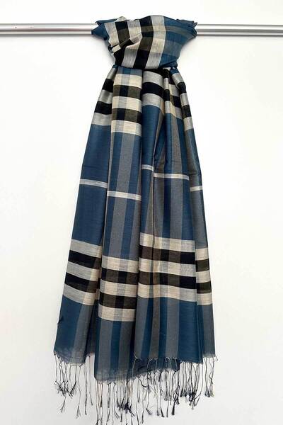 BECCASTYLE Plaid Patterned Blue Silk Shawl - Checkered and Imported Shawl