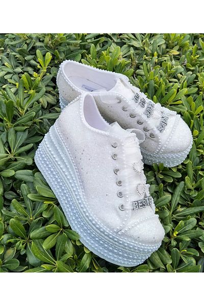 Ayakkabı Tutkusu Stilo ® Bridal Shoes Full 8CM WHITE Glittering Sports Wedge Heels