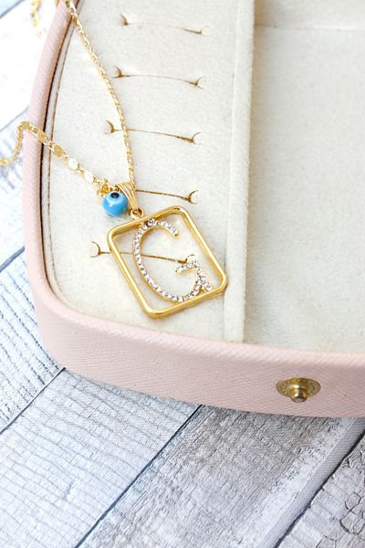 Neva GOLD PLATED ARPA CHAIN TURQUOISE MURANO EVIL EYE STONE LETTER BIGUTER NECKLACE
