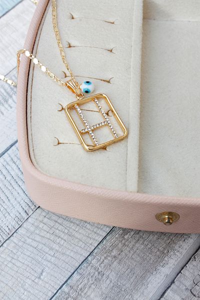 Neva GOLD PLATED ARPA CHAIN WHITE MURANO EVIL EYE STONE LETTER BIGUTER NECKLACE