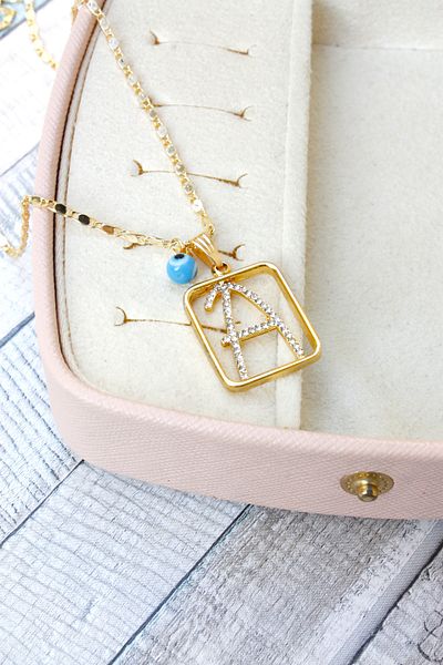Neva GOLD PLATED ARPA CHAIN TURQUOISE MURANO EVIL EYE STONE LETTER BIGUTER NECKLACE