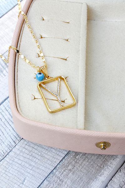 Neva GOLD PLATED ARPA CHAIN TURQUOISE MURANO EVIL EYE STONE LETTER BIGUTER NECKLACE