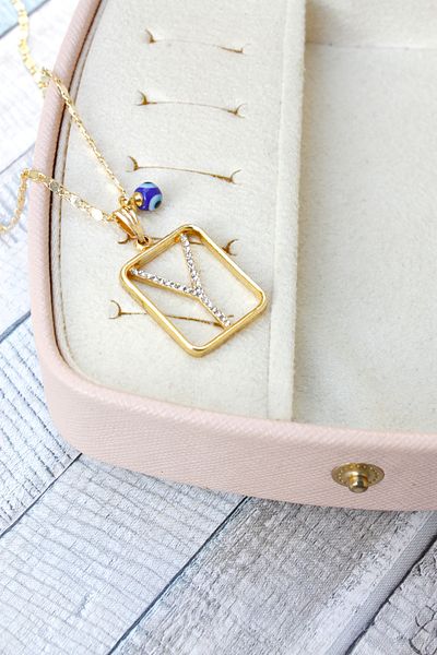 Neva GOLD PLATED ARPA CHAIN NAVY BLUE MURANO EVIL EYE STONE LETTER BIGUTER NECKLACE
