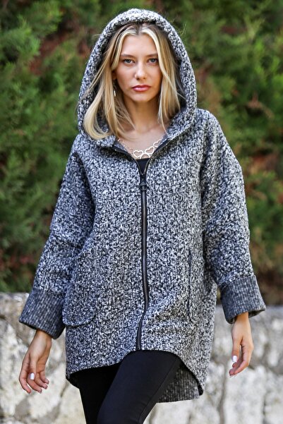 Chiccy Gray Hooded Long Sleeve Zippered Double Pocket Woven Boucle Coat