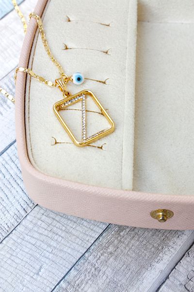 Neva GOLD PLATED ARPA CHAIN WHITE MURANO EVIL EYE STONE LETTER BIGUTER NECKLACE