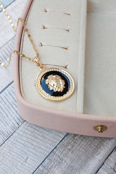 Neva GOLD PLATED ARPA CHAIN BLACK MINI LION MOTIFED MEDALLION NECKLACE