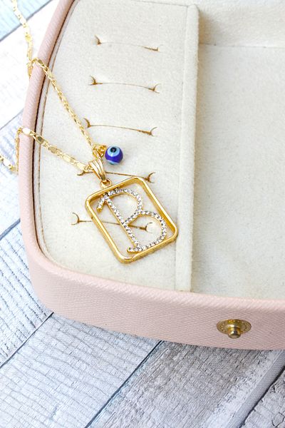 Neva GOLD PLATED ARPA CHAIN NAVY BLUE MURANO EVIL EYE STONE LETTER BIGUTER NECKLACE