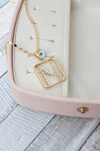 Neva GOLD PLATED ARPA CHAIN WHITE MURANO EVIL EYE STONE LETTER BIGUTER NECKLACE