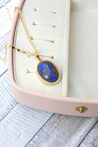 Neva GOLD PLATED ARPA CHAIN BLUE PEAL STONE BIGUTER NECKLACE