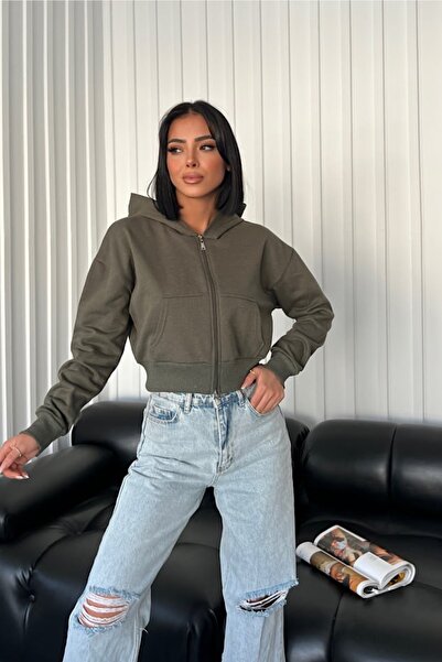 FEMELLE Women's Khaki Hooded Zipper Crop Cardigan