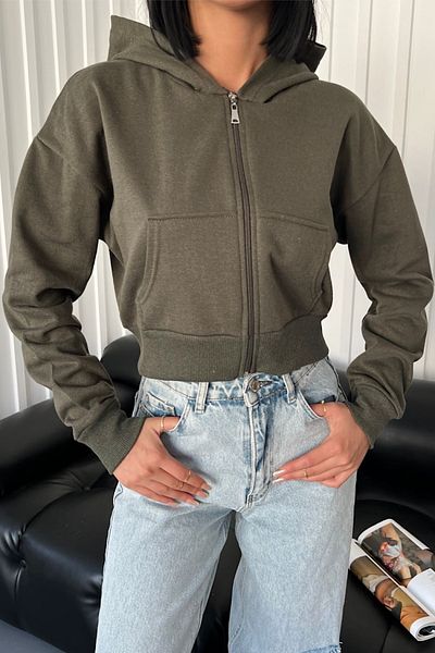 FEMELLE Women's Khaki Hooded Zipper Crop Cardigan