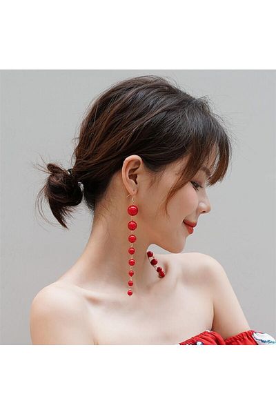 İPAR AKSESUAR Red Pearl Gold Design Earrings