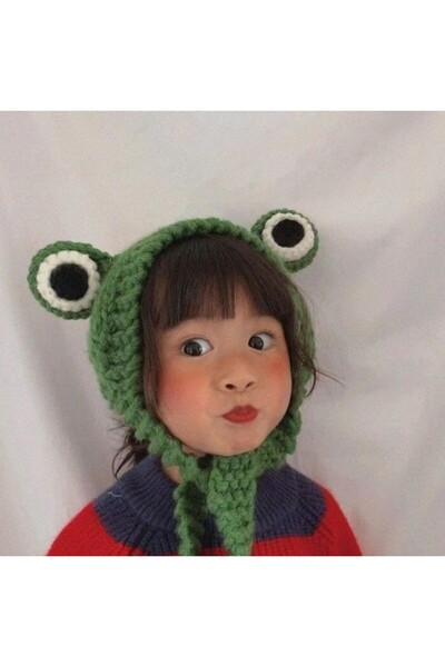 TRENDİN YOLU Green frog hat style Korean model long beret handmade