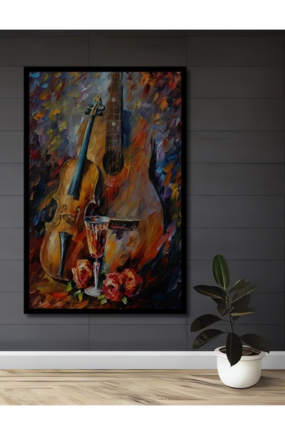 Teona Ahşap Dekoratif Gitar Ve Keman Soyut Ahşap Tablo Çerçeve Görünümlü Dike...