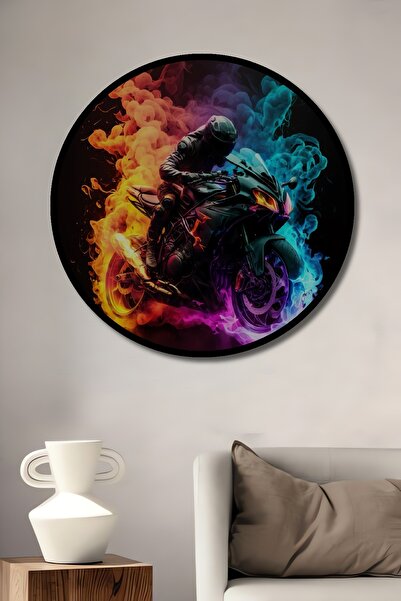 Teona Ahşap Dekoratif Neon Duman Motosiklet Duvar Tablo Ahşap Yuvarlak Tablo