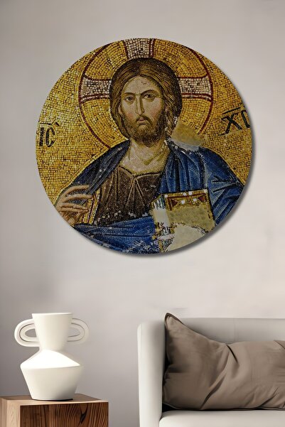 Teona Ahşap Ahşap Tablo Isa Mesih Mozaik Isa Mozaik 3 Boyutlu Fresk Dekor Şık Yuvarlak Duvar Dekorasyon Tablosu