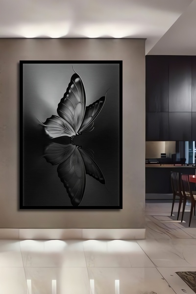 Teona Ahşap Kelebek Yansıma Simetri Siyah Beyaz Modern Dikey Ahşap Tablo Çerç...