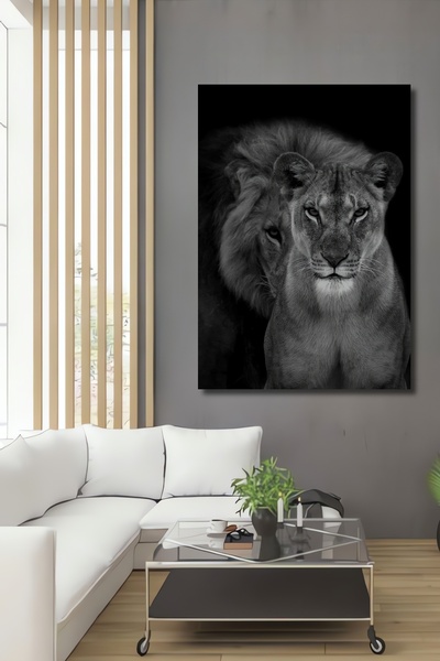 Teona Ahşap Dekoratif Dikey Siyah Beyaz Aslan Çift Duvar Tablo Ahşap Dikdörtg...