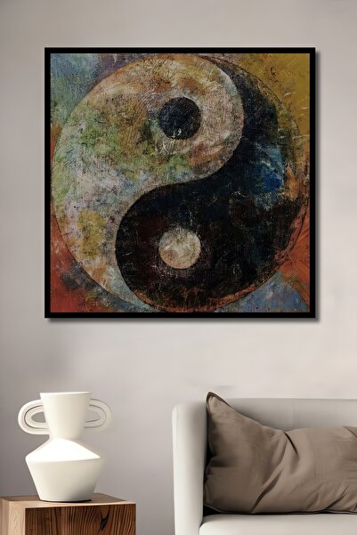 Teona Ahşap Dekoratif Ying-yang Yağlı Boya Görünümlü Ahşap Tablo Çerçeve Görü...